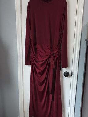 Ruched Tie-Waist Long Sleeve Maxi/Midi Dress in Burgundy Sz 18